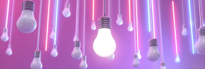 Poster - Floating Light Bulbs Illuminate Bright Neon Space With One Bulb Glowing Prominently in the Foreground