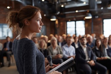 Poster - Business professionals engaging in a collaborative presentation during a seminar in a modern meeting space