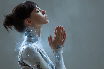 Poster - Futuristic figure with cybernetic features prays in a high-tech environment illuminated by glowing elements