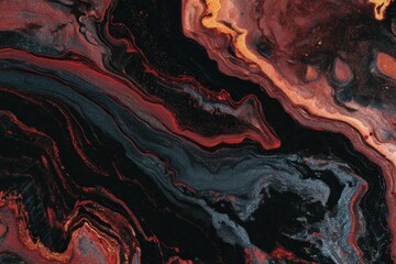 Poster - Captivating abstract black marble texture showcasing swirling patterns of red and gold, perfect for modern design projects and artistic backgrounds