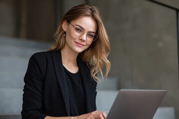 Aufkleber - Bright and confident businesswoman works on laptop in modern office space, showcasing professionalism and determination during a busy weekday afternoon