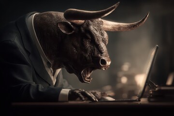 Poster - Angry bull trading with a computer bullist in a stock market setting during the late afternoon, illustrating financial dynamics and tension in the trading environment
