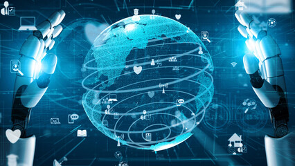 Poster - A striking image of robotic hands holding a digital globe, showcasing various technology icons. This artwork represents the intersection of innovation, connectivity, and the digital era. Xenic