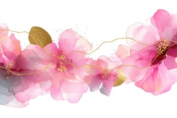 Poster - Elegant abstract watercolor art features flowing pink hues and golden accents, ideal for modern design aesthetics or creative projects