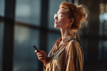 Poster - Woman with glasses holding smartphone in a modern urban setting during golden hour, showcasing natural light and serene expression