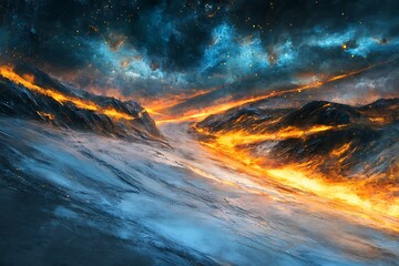Wall Mural - icy valley glowing with bright aurora bands in swirling motion