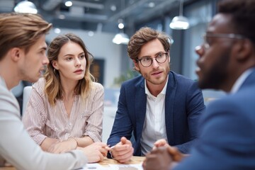 Poster - Young business professionals engage in productive team meeting at modern office setting during daytime work hours