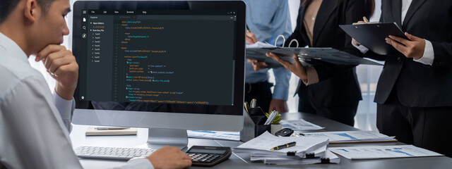 Poster - Business intelligence and data analysis concept. Analyst team working on financial data analysis dashboard on laptop screen as marketing indication for effective business strategic planning. Insight