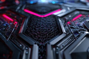 Poster - Metal technological pattern showcasing intricate design with glowing elements and a futuristic aesthetic in a dark environment during nighttime