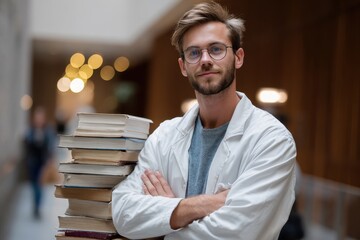 Poster - Medical college student confidently stands with a stack of books showcasing dedication to learning and future medical career in a modern educational setting