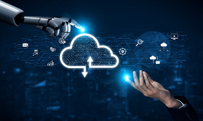 Poster - AI artificial intelligence optimizes cloud infrastructure with virtual assistants and intelligent automation, improving scalability, security, and digital business continuity. Vouch