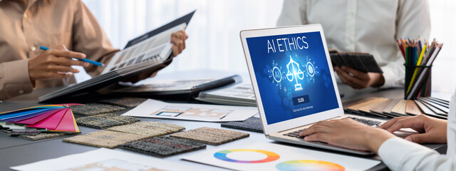 Poster - AI ethics responsibility standard law and rules on computer screen provide report of AI ethic transparency preventing technology crime. brisk