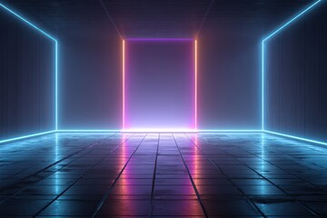 Poster - Neon light abstract space creating a futuristic atmosphere with reflections and glow for technology-themed concepts and designs