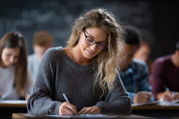 Poster - Woman student focused on writing during classroom exam while peers are also engaged in a testing environment in a school setting
