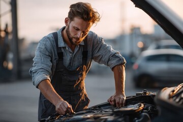 Poster - Mechanic checks vehicle engine during sunset at an auto repair shop in the city