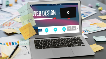 Poster - Sticky note for creative and analytic brainstorm for business idea with BI data dashboard on laptop screen. Analysis financial data visualization tech for marketing strategy. Prodigy