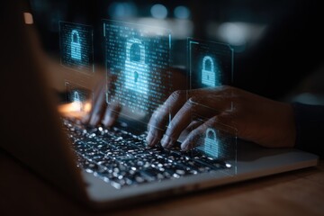 Poster - Focused hands typing on a laptop with digital security elements in a modern workspace during nighttime