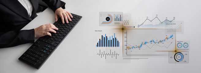 Poster - Data analytics dashboard with charts, indicators, and performance metrics, reveals trends, data analytics drives growth, supports insight, and data analytics improves decisions. Latch