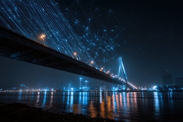 Poster - Smart city bridge illuminated with advanced lights over a river at night showcasing vibrant urban life and technology