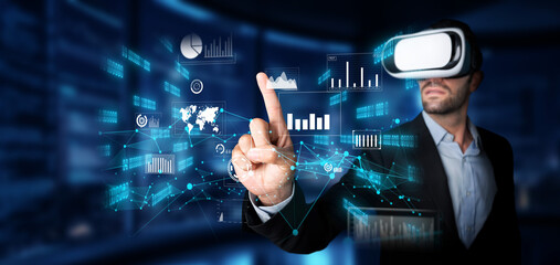 Poster - A businessman in virtual reality engages with data analytics in a high-tech environment, focusing on financial planning, marketing strategies, and investment insights. XDMCP