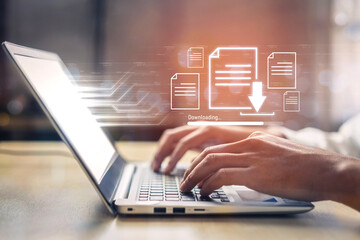 Poster - Visual representation of digital document downloading, showing file transfer, data access, and progress status for secure and efficient information retrieval Vouch