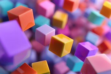 Poster - Colorful abstract background featuring floating cubes in varying sizes and shades, creating a vibrant and dynamic visual experience in a surreal environment