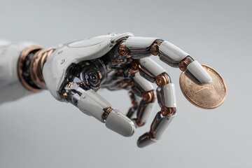 Poster - Robotic hand grasping a coin in a modern, minimalistic setting highlighting advancements in technology and finance