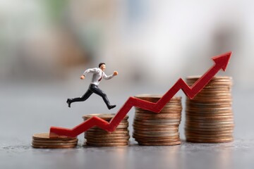 Poster - Miniature figure runs up coins with upward trend arrow as a representation of growth and success in business investment strategy