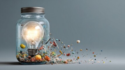 Poster - Glowing Jar of Creative Energy Spilling Ideas Into the Atmosphere at a Modern Workspace
