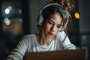 Poster - Focused woman wearing headphones engaged in work on laptop during evening in a cozy indoor space with soft lights