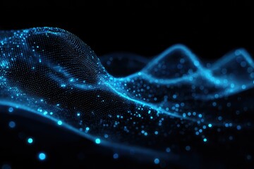Poster - Glowing blue digital wave particles create a mesmerizing display against a dark background, showcasing a dynamic interplay of light and movement