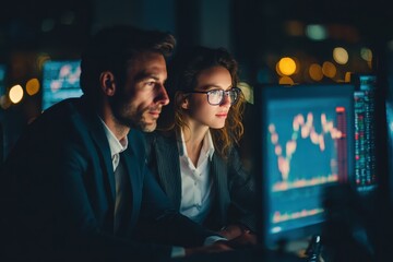 Poster - Business professionals analyzing stock market trends at night with computers displaying financial data and graphics