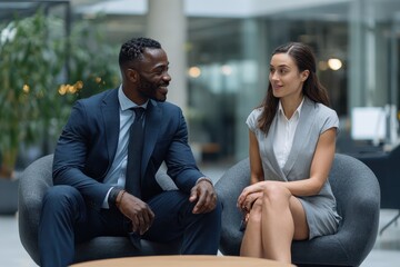 Poster - Two diverse businesspeople engaged in a conversation while sitting in a contemporary office setting during late morning hours