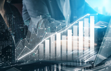 Poster - A focused businessperson analyzes financial data using graphs and charts displayed on a laptop in a modern urban office setting, showcasing professional growth. Impute