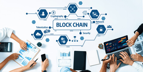 Poster - This image showcases a collaborative workspace illustrating blockchain concepts with diverse hands analyzing charts and tools, emphasizing innovation in technology and finance. Amity