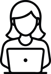 Poster - Digital Workspace Icon: A minimalist black-and-white line illustration depicts a woman focused on a laptop, embodying the essence of remote work or modern office productivity.