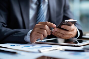 Poster - Businessman focused on smartphone while analyzing reports at modern office desk during midday