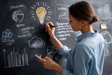 Poster - Service concept development with business elements illustrated on blackboard by a woman during brainstorming session in office environment