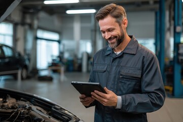 Aufkleber - Mechanic inspecting car diagnostics using tablet in workshop during day