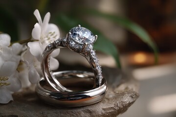 Poster - White gold rings with sparkling stones elegantly displayed amidst delicate flowers in a serene setting, highlighting luxury and beauty in jewelry design