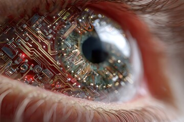 Poster - Digital surveillance with extreme close-up of a robotic eye revealing intricate circuitry and electronic components highlighting the fusion of technology and vision in a futuristic setting