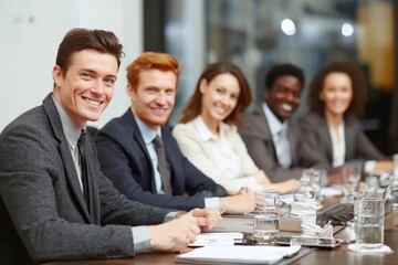 Poster - Young professionals engaged in a productive business meeting with diverse team dynamics in a modern office environment