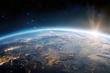 Poster - Planet Earth viewed from outer space showcasing civilization's lights and natural wonders during twilight hours
