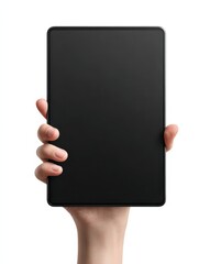 Poster - human hand holding black tablet with blank display, isolated on white