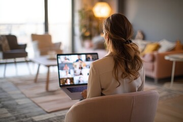 Poster - Businesswoman participates in a professional video conference from her cozy home office in a well-decorated living space with modern furnishings and warm ambiance during daytime hours