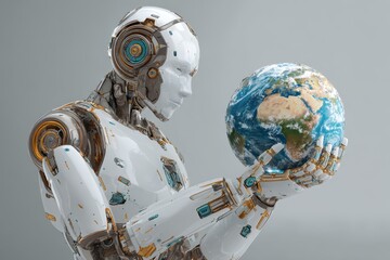 Poster - Humanoid robot holding a globe, representing the potential of autonomous technology and global awareness in today's society and future developments