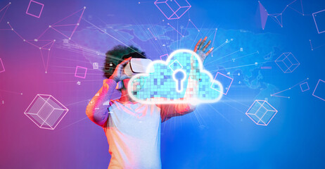 Poster - A person uses virtual reality technology to explore cloud computing concepts in a vibrant digital environment, highlighting data security and innovative network solutions. XDMCP