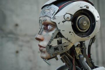 Poster - Close up profile of a female cyborg's head, highlighting advanced robotic features and artificial intelligence