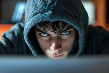 Poster - Young man wearing a hoodie intently focused on a laptop, potentially engaging in hacking activities