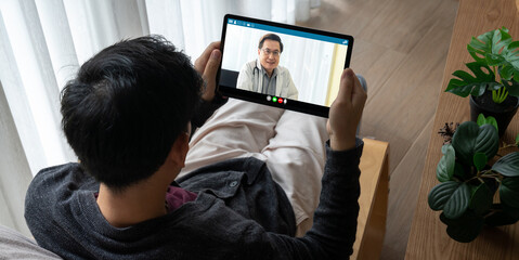 Poster - Doctor video call online by modish telemedicine software application for virtual meeting with patient